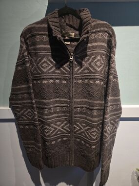 VTG Ruff Hewn Men's Brown Full Zip Fair Isle Knit Wool Blend Sweater Jacket XL